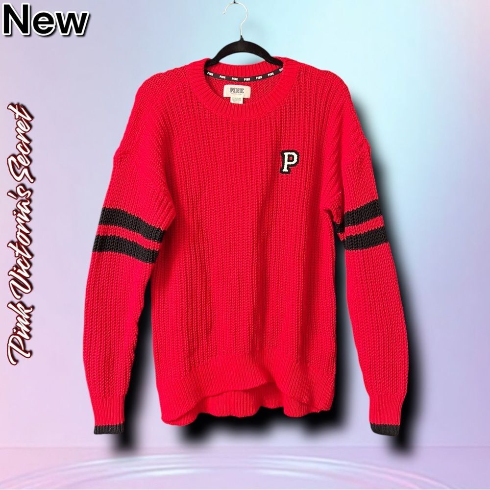 New NWT Victoria’s Secret PINK Varsity Knit Sweater - Red - Size Small